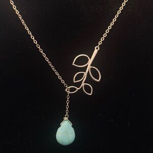 Silver Toned Leaf Pendant Necklace with Turquoise Stone